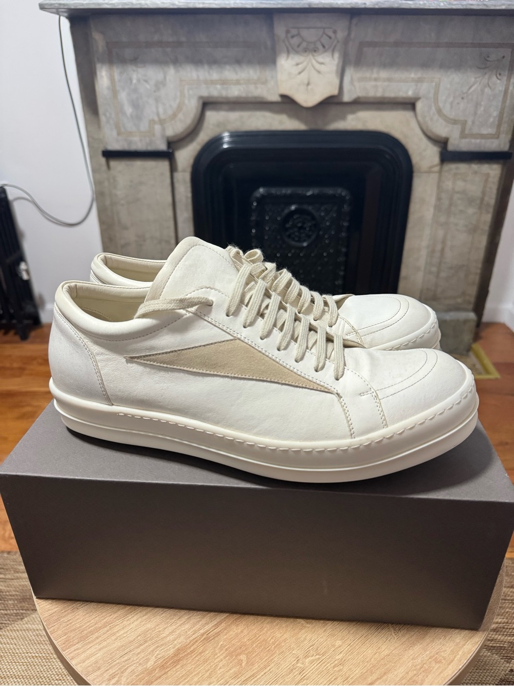 Rick Owens Cream Low-Top Leather Sneakers